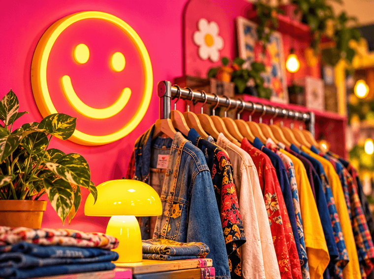 Colorful thrift shop with a neon smiley and clothing rack