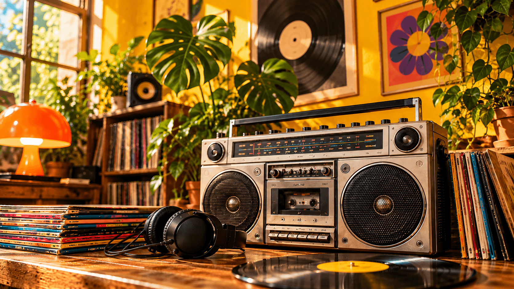 Vintage boombox and vinyl records